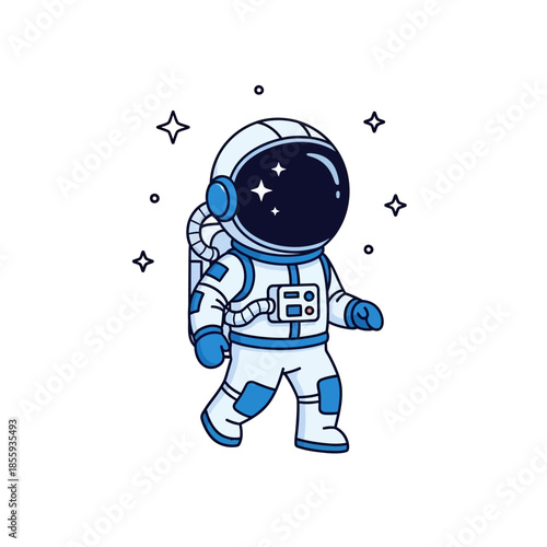 Cartoon astronaut walking among stars, captivating space exploration illustration, ideal for