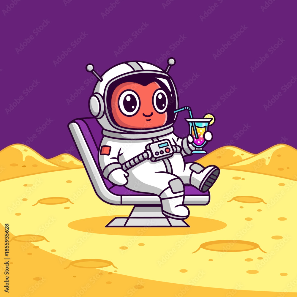 Fototapeta premium Relaxing astronaut enjoying a cosmic cocktail on an alien planet landscape illustration