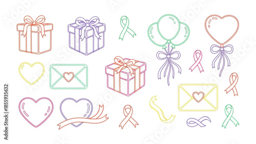 Whimsical Gift and Celebration Collection: An illustrated assortment of colorful gifts, balloons, hearts, ribbons, and envelopes.