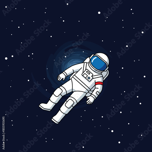 A lone astronaut floating in the vast darkness of space near a cosmic vortex
