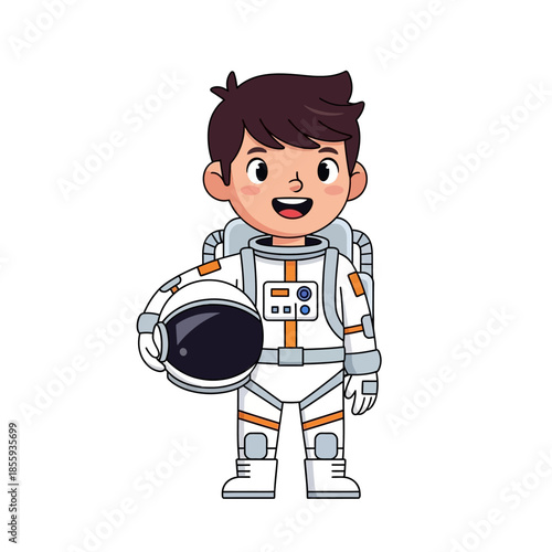 Cartoon astronaut boy in a spacesuit dreams of interstellar travel adventures