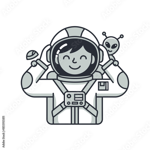 A cheerful space explorer with an extraterrestrial companion preparing for flight exploration