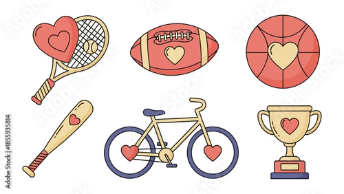 Sports Equipment with Hearts: A charming illustration depicts an array of sports equipment, each adorned with a heart symbol, celebrating love and passion for various athletic activities. 