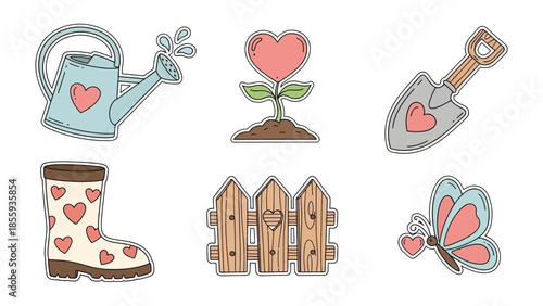Gardening with love: This image is a charming collection of gardening icons, each delicately adorned with heart motifs. Including watering can, sapling, shovel, wellington boot, fence and butterfly.