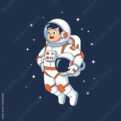 Cartoon astronaut floating in space surrounded by stars, embodying adventure and curiosity