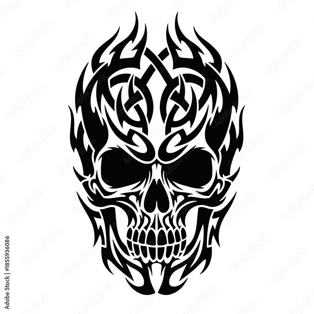 Fototapeta premium A detailed black and white tribal skull design with intricate flame patterns, creating a fierce and stylized graphic illustration.