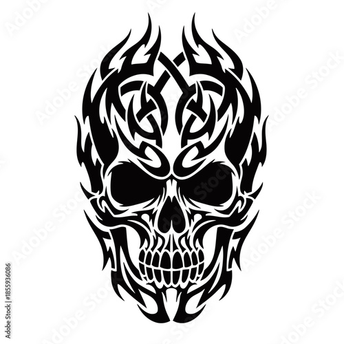 A detailed black and white tribal skull design with intricate flame patterns, creating a fierce and stylized graphic illustration.