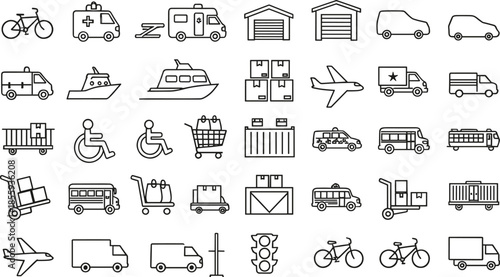 Mega collection of transportation and logistics line icons featuring trucks airplanes bicycles ships ambulances delivery carts and traffic signals for shipping and global distribution