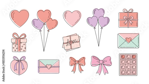 Love and Sweetness: A collection of heart-shaped balloons, gift boxes, and love letters express a gentle aesthetic, adding a touch of elegance and celebration of affection.