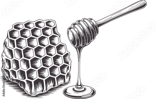 Black and white hand drawn honeycomb and honey dipper