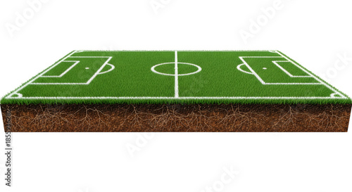 Isometric soccer field with detailed markings and grass texture isolated on transparent background