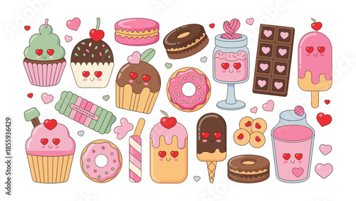 Sweet Temptations: A delectable assortment of charming treats, from cupcakes to ice cream, each adorned with endearing expressions of love, promising a delightful experience.