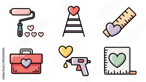 Tools of Affection: A set of six charming illustrations depict a variety of tools, each adorned with a heart, symbolizing the creativity and care inherent in acts of love and creation.