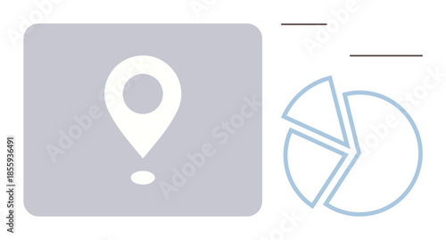 Minimalist design with a location pin next to a segmented pie chart. Ideal for navigation, data analysis, statistics, marketing, geolocation, business strategy, and user insights. Clean flat metaphor