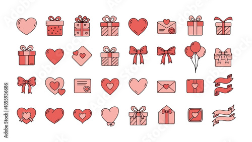 Valentine's Day Icon Set: An assortment of beautifully crafted gift boxes, tender hearts, delicate bows and romantic envelopes