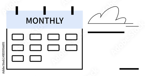 Time management, scheduling, productivity, planning, monthly calendar, organization. Image of a monthly calendar with cloud graphic. Time management and scheduling concept
