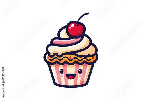 Cute Cartoon Cupcake with Cherry Topping and Smiling Face.