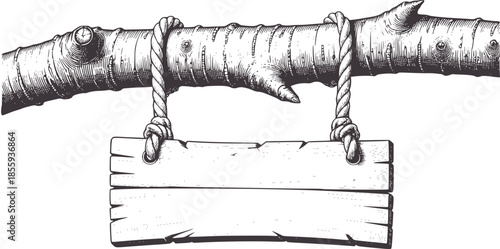Black and white line of a wooden sign hanging from a tree branch with rope