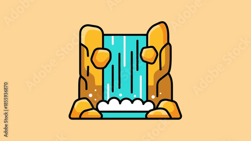 Cartoon Waterfall Illustration with Rocks and Flowing Water.