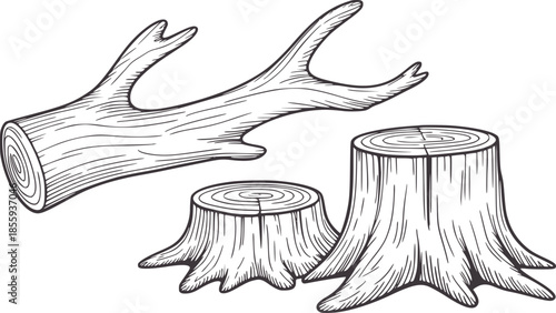 Black and white line of deer antlers and tree stumps in outline style