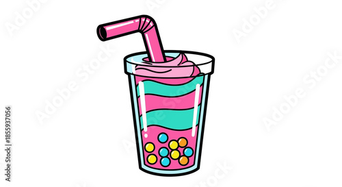 Colorful Bubble Tea Illustration with Straw and Toppings.