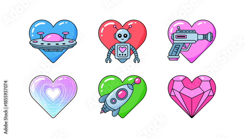 Interstellar Affection: A set of six unique heart illustrations, each intricately designed with themed elements, including a spaceship, robot, ray gun, and gem, against a clear background.