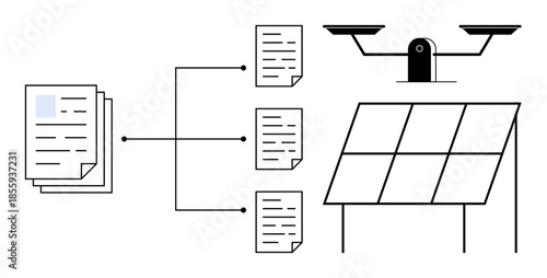 Renewable energy, sustainability, data analysis, sustainable operations, resource balance, digital automation. Connected documents, scale solar panel symbols. Renewable energy and sustainability