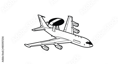 Military Airborne Warning Control System AWACS Jet Plane Line Art