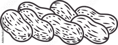 Black and white line of peanuts in shells grouped together