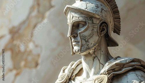 Close-up of a marble statue depicting a warrior in a crested helmet and armor, set against a blurred background