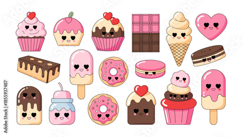Sweet Delights Collection: An assortment of irresistibly adorable sweets. This charming visual features cupcakes, ice cream, chocolates, donuts, and macarons with cute facial features.