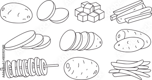 Black and white line of potatoes in various sliced forms and styles