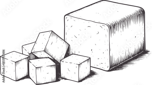 Black and white line of whole and diced firm tofu blocks