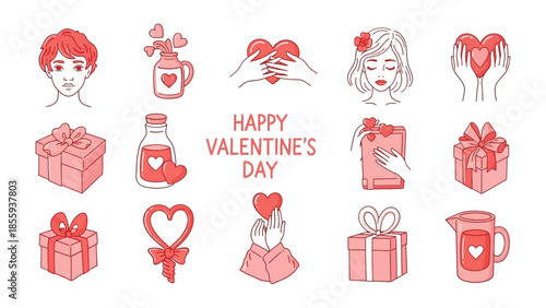 Valentine's Day Icon Set: A collection of charming, hand-drawn icons featuring romantic symbols like hearts, gifts, and expressive faces, perfect for spreading love and celebration.