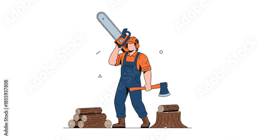 Skilled lumberjack dressed in safety gear holding a large chainsaw and an axe beside piles of cut logs and a tree stump.
