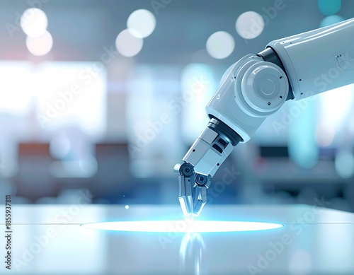 Close-up of a robotic arm reaching toward a bright, glowing circle on a white table. Blurred background