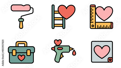 Love and Craft: Tools of Affection: A charming collection of crafting tools, each adorned with hearts, embodying the hands-on creation of love and sentiment.