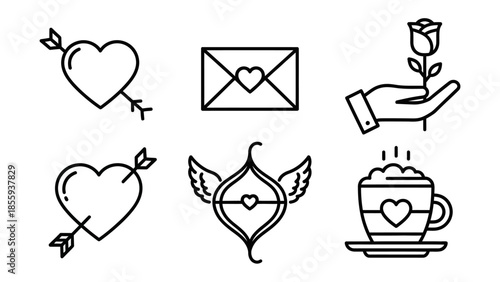 Symbols of Affection: A set of delicate line art illustrations of love-themed icons. Each symbol evokes warmth, romance, and fondness, perfect for conveying heartfelt sentiments.