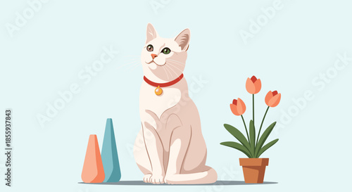 Elegant white cat sitting gracefully on a table next to minimalist vases and a potted tulip plant in a light-filled room.