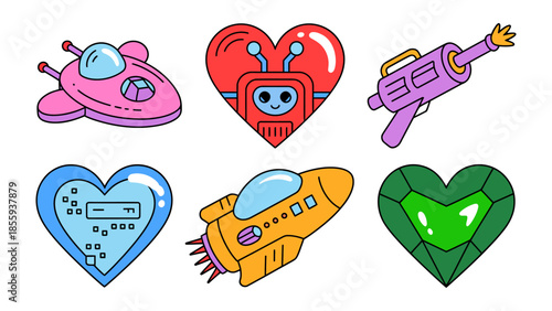 Love in the Cosmos: Playful array of heart-shaped illustrations featuring a spaceship, laser gun, and robot, radiating joy and affection. 