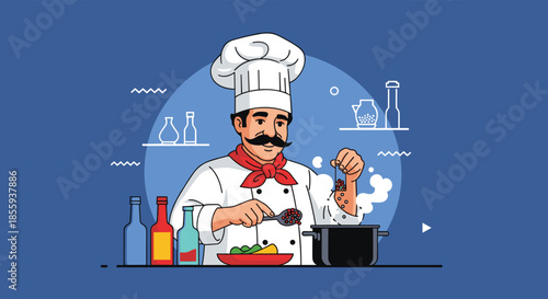 Professional chef in a traditional uniform carefully seasoning food while cooking at a stove in a busy kitchen.