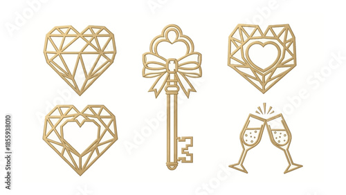 Golden Wedding Emblems: Exquisite geometric golden emblems feature romantic symbols like hearts, keys, and champagne flutes, evoking feelings of love, commitment, and celebration. 