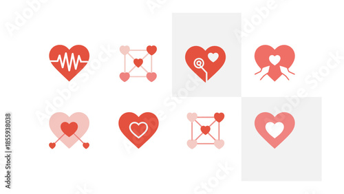 Harmony of Hearts: A collection of heart-shaped icons, each representing love in unique, charming and different styles, showcasing the beauty and different kinds of love.