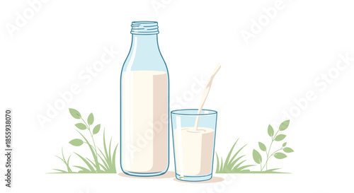 Fresh milk poured into a glass next to a full glass bottle set against a background of green grass and a clean white field.