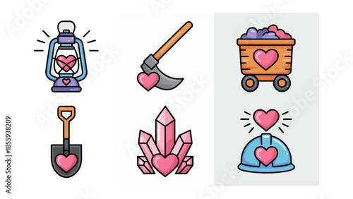 Mining Love's Treasures: A charming illustration featuring a collection of tools, each adorned with a loving heart, set against a clean backdrop, evoking the spirit of affection, and tender emotions.
