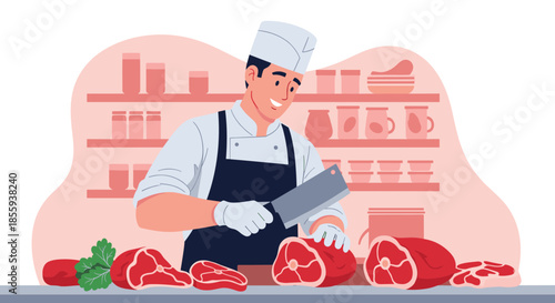 Professional butcher in white uniform and apron smiling while using a cleaver to cut fresh red meat in a traditional grocery shop.