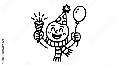 Celebration Cartoon: A joyous character celebrates with a party hat, noisemaker, and balloon, embodying the excitement of festivities.