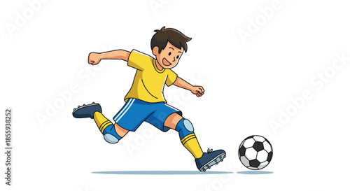 Energetic young boy in a yellow sports jersey and blue shorts kicking a soccer ball with enthusiasm on a plain white background.
