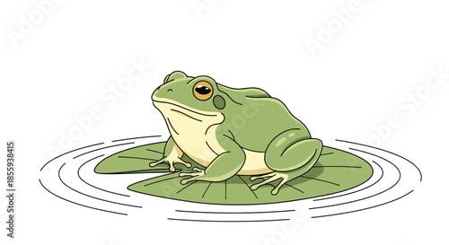 Green bullfrog sitting peacefully on a large lily pad in the middle of a pond with gentle ripples on the water surface.