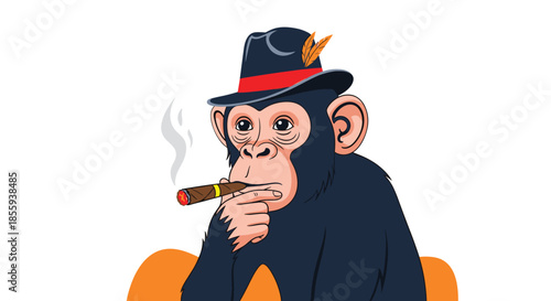 Illustration of a cool chimpanzee character wearing a stylish black fedora with feathers and smoking a large brown cigar.